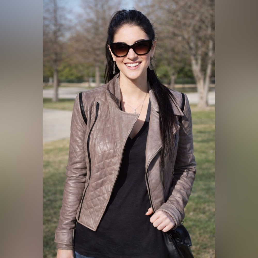 5F Bergdorf Goodman Quilted Grey Leather Moto Jacket